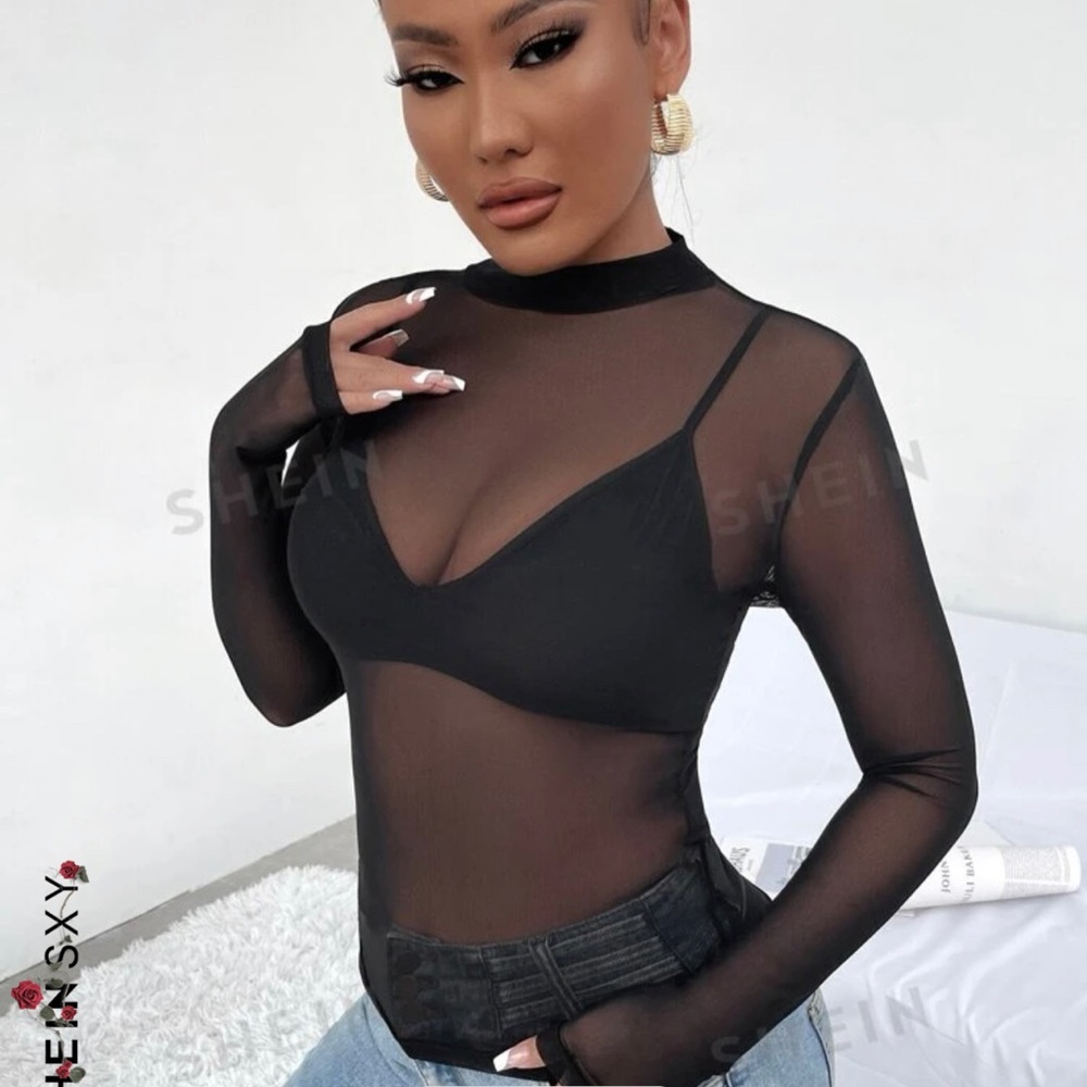 SHEIN SXY Mock Neck See Through Mesh Top
